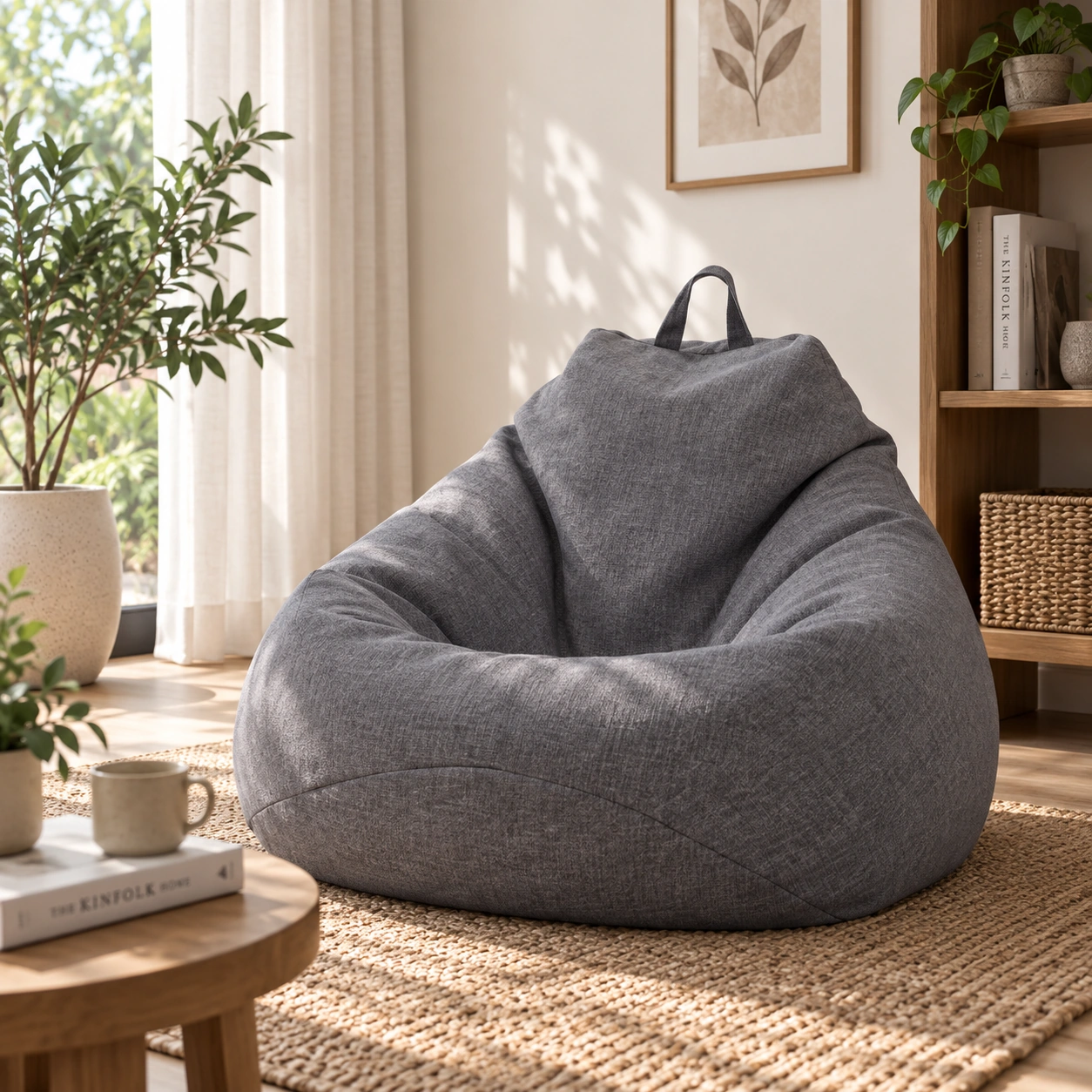 Ghế lười tựa lưng giọt nước Ghế lười hạt xốp có tựa lưng màu xám đặt tại phòng khách